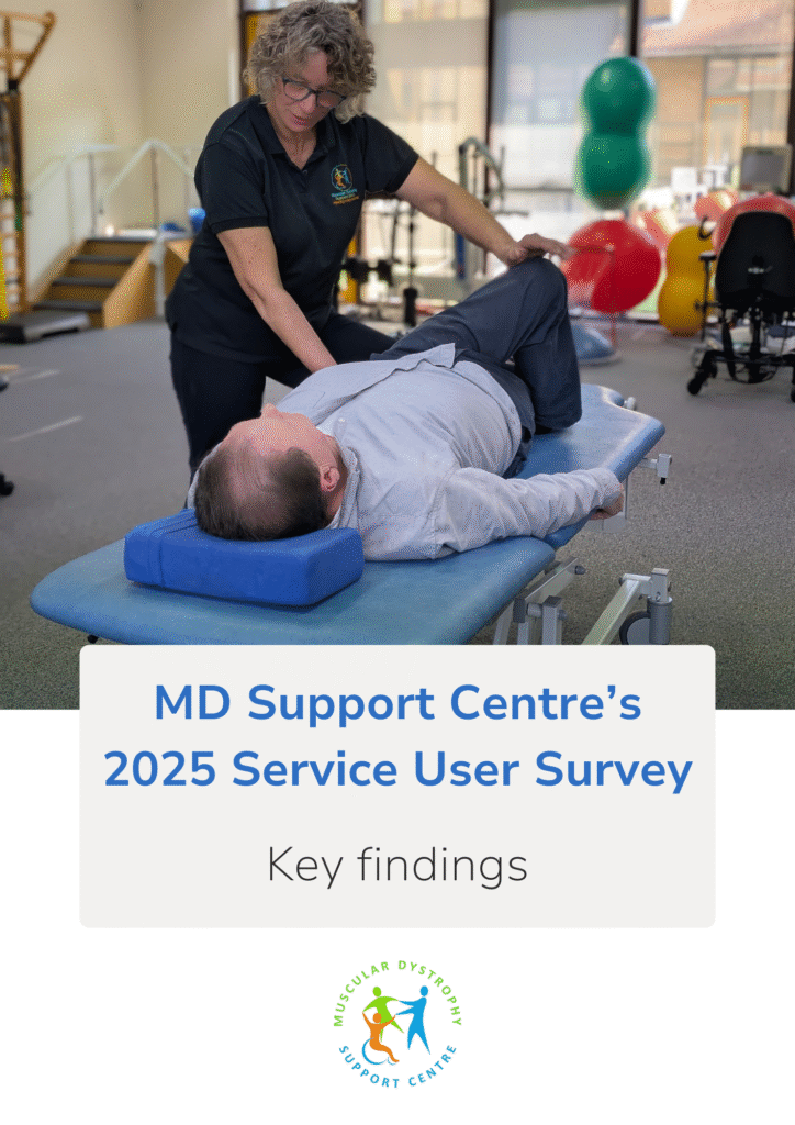 A female physiotherapist treats a male service user on a treatment bed. Text underneath reads MD Support Centre's 2025 Service User Survey Key Findings. The MD Support Centre logo is below.