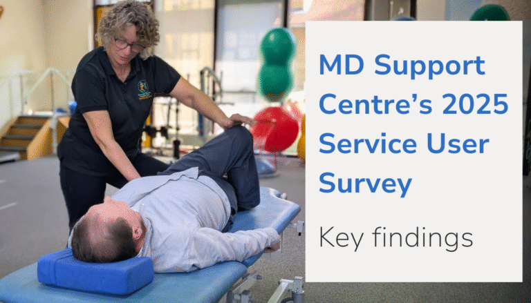 A female therapist is treating a male service user on a therapy bed. Text overlaid reads MD Support Centre's 2025 Service User Survey Key Findings