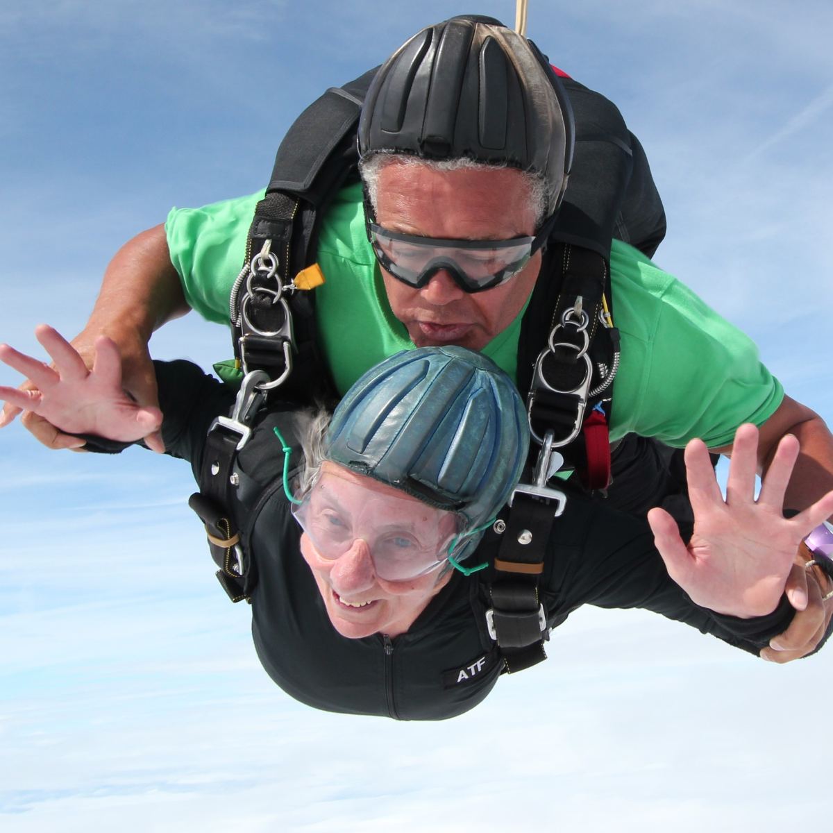 Two people tandem skydiving.