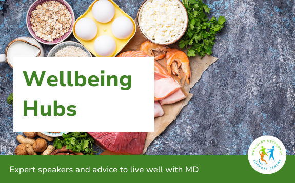 Wellbeing Hubs banner with healthy foods, including eggs, fish and grains, and the text: “Wellbeing Hubs: Expert speakers and advice to live well with MD.”