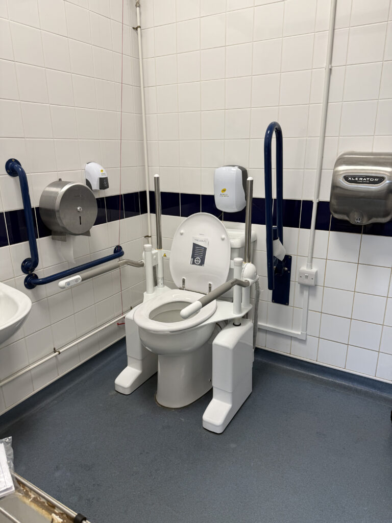 Accessible toilet with hand rails and a rising seat
